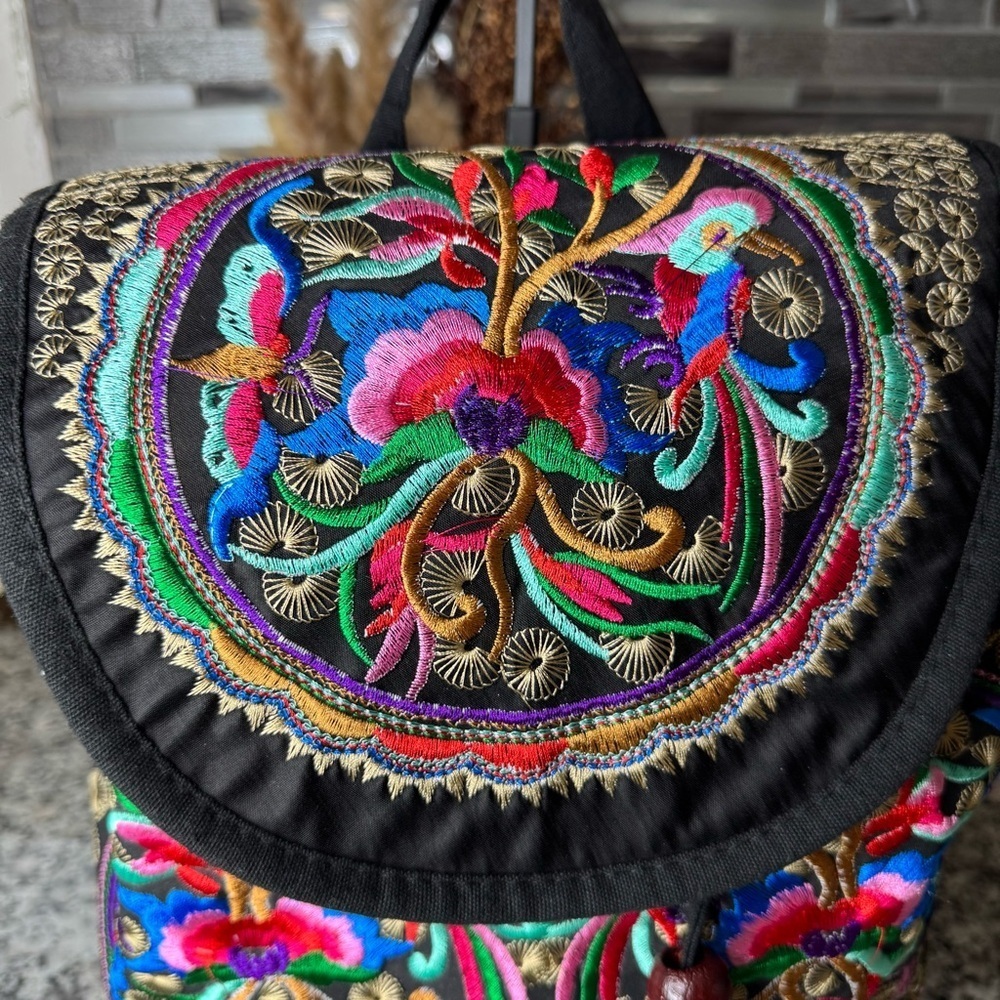Women's Vintage Unique Cute Canvas Backpack Purse with Floral Embroidery - Picture 3 of 13